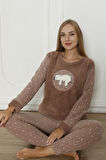 Fawn 3312 Peluş Welsoft Polar Kışlık Yumoş Uyuyan Ayılı Kadın Pijama Takımı