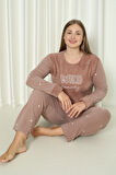 Fawn 3500 Peluş Welsoft Polar Kışlık Nakışlı Büyük Beden Kadın Pijama Takımı