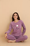 Fwn 04-3309 Peluş Welsoft Polar Kışlık Yumoş Kalpli Kedili Kadın Pijama Takımı