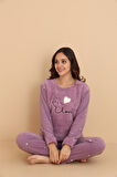 Fwn 04-3309 Peluş Welsoft Polar Kışlık Yumoş Kalpli Kedili Kadın Pijama Takımı