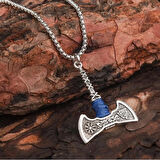 Viking Gri Çift Taraflı Balta Erkek Kolye Çelik Lacivert İpli