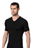 Erkek Siyah Kısa Kollu V Yaka Termal Fanila