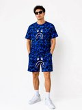 Erkek Oversize Kalıp Pubg Bape X Shark Nakışlı Cepli Şort Takım - Mavi