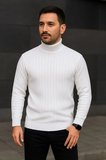 Erkek Fitilli Triko Kazak 2li Set Beyaz Siyah Regular Balıkcı Yaka Tam Boğazlı Triko Seti Modeli Kazak