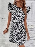 Kadın Kısa Kollu Kolları Fırfır Detay Arkası Bağlamalı Leopar Desen Kolsuz Mini Mikro Elbise