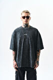 Erkek Snake Baskılı Yıkamalı Oversize T-Shirt Siyah