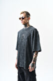 Erkek Snake Baskılı Yıkamalı Oversize T-Shirt Siyah