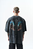 Erkek Snake Baskılı Yıkamalı Oversize T-Shirt Siyah
