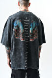 Erkek Snake Baskılı Yıkamalı Oversize T-Shirt Siyah