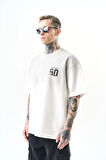 Erkek Ninety Baskılı Oversize T-Shirt Ekru