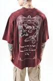 Erkek To Fly Baskılı Yıkamalı Oversize T-Shirt Bordo