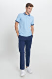 Erkek Açık Mavi Slim Fit Dar Kesim %100 Pamuk Kıvrılmaz Polo Yaka Tişört