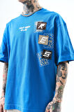 Erkek Low Vision Nakışlı Oversize T-Shirt Mavi