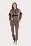 Kadın Kahve 3 İplik Fermuarlı Kapüşonlu Pul Payet İşlemeli Paçası Lastikli Eşofman Takımı - 5203