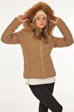 Bsb Kapüşonlu Tüy Detaylı Camel Kadın Mont 048-117010