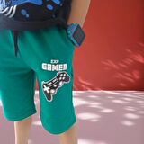 Gamer Yazı Desenli Cepli Şortlu Yeşil Renk Erkek Çocuk Takım