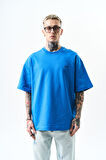 Erkek Respire Yazı Detaylı Oversize T-Shirt Mavi
