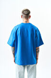 Erkek Respire Yazı Detaylı Oversize T-Shirt Mavi
