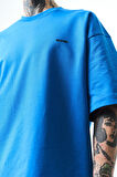 Erkek Respire Yazı Detaylı Oversize T-Shirt Mavi