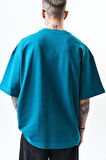 Erkek Respire Yazı Detaylı Oversize T-Shirt Petrol