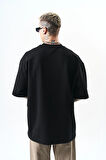 Erkek Respire Yazı Detaylı Oversize T-Shirt Siyah