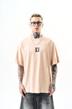 Erkek 13 Baskılı Oversize T-Shirt Bej