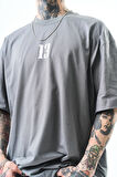 Erkek 13 Baskılı Oversize T-Shirt Füme