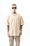 Erkek Hand Baskılı Oversize T-Shirt Bej
