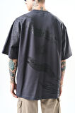 Erkek Hand Baskılı Oversize T-Shirt Füme