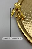 2'li Japon Güllü Yuvarlak Gold Çay ve Kahve Sunum Tepsisi, Dekoratif Servis Tepsisi 22cm