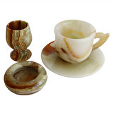 Oniks Doğal Taş Fincan, Kadeh ve Kül Tablası Seti – El Yapımı Şık Masa Dekoru | Hediyelik Oniks Taş Takım