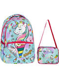Yeşil Magic Unicorn Figürlü Kız İlkokul Sırt Çantası + Beslenme Çantası (2305)