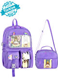 Waddell Kawaii Kore Tarzı Aksesuarlı İlkokul Sırt ve Beslenme Çantası Lila 25002