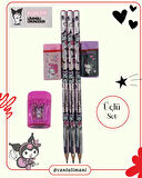 Kuromi Lisanslı Pembe Kurşun Kalem Seti (3 Adet Kurşun Kalem, 2 Adet Silgi, Kalemtraş)