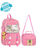 Waddell Kawaii Kore Tarzı Aksesuarlı İlkokul Sırt ve Beslenme Çantası Pembe 25001