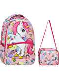 Pembe Unicorn Desenli Kız İlkokul Sırt Çantası + Beslenme Çantası (2307)