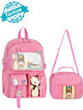 Waddell Kawaii Kore Tarzı Aksesuarlı İlkokul Sırt ve Beslenme Çantası Pembe 25002