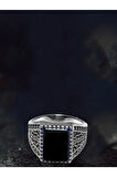Erkek Gümüş Yüzük - Siyah Oniks Taşlı Yanları Grek Desen İşlemeli Erkek Yüzük