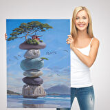 Sahilde Renkli Denge Taşları, Meditasyon, Yoga, Spiritüel Baskı Kanvas Tablo-5239