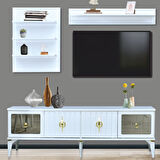 Tuna Duvar Ünitesi Beyaz Raflı Cam Kapaklı TV Sehpası Takımı 160 cm Alt Modül + 2 Duvar Rafı