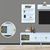 Tuna Duvar Ünitesi Beyaz Raflı Cam Kapaklı TV Sehpası Takımı 160 cm Alt Modül + 2 Duvar Rafı