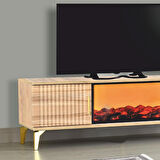 Rüya Dekoratif Şömineli TV Sehpası Atlantik Çam Gold Kulplu 2 Kapaklı Alev Efektli 150x50x36 Cm