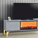 Rüya Dekoratif Şömineli Tv Sehpası - Antrasit Gold Kulplu 2 Kapaklı Alev Efektli 150x50x36 Cm