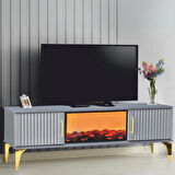 Rüya Dekoratif Şömineli Tv Sehpası - Antrasit Gold Kulplu 2 Kapaklı Alev Efektli 150x50x36 Cm