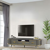 Duru Tv Sehpası Antrasit Gold 2 Kapaklı 1 Çekmeceli Oval Formlu Sehpa 180x40x53 Cm