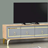Vina Tv Sehpası Atlantik Çam Antrasit Gold 4 Kapaklı Çizgili Kulplu 160x36x50 Cm