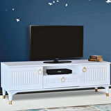 Mindy Tv Sehpası Beyaz 2 Kapaklı 1 Çekmeceli Gold Halkalı Kulplu 160x36x50 Cm