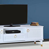 Mindy Tv Sehpası Beyaz 2 Kapaklı 1 Çekmeceli Gold Halkalı Kulplu 160x36x50 Cm