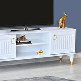 Eva Tv Sehpası Beyaz Gold Kulplu Kapaklı Raflı Yüksek Ayaklı Sehpa 130x36x50 Cm