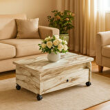 Serra Akıllı Sehpa Efes Mermer Desenli Tekerlekli Çift Çekmeceli 4 Kademe Fonksiyonlu 90x67 Cm